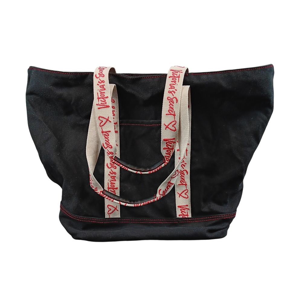 Victoria's Secret Black Canvas Tote Bag Whiteโ Logo Trim Travel Beach